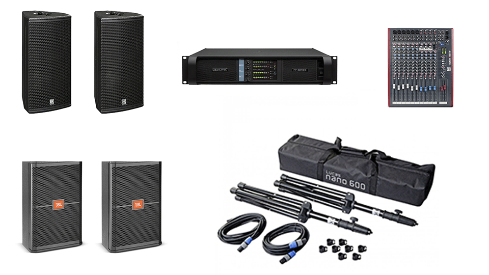 PA Hire Package 1, 2 HK Audio CT112 Speakers on stands, 2 JBL SRX712m monitors, 1 Allen and Heath Zed-14 Mixer, powered by Lab.Gruppen FP Series with microphones, DI Boxes and cabling included.