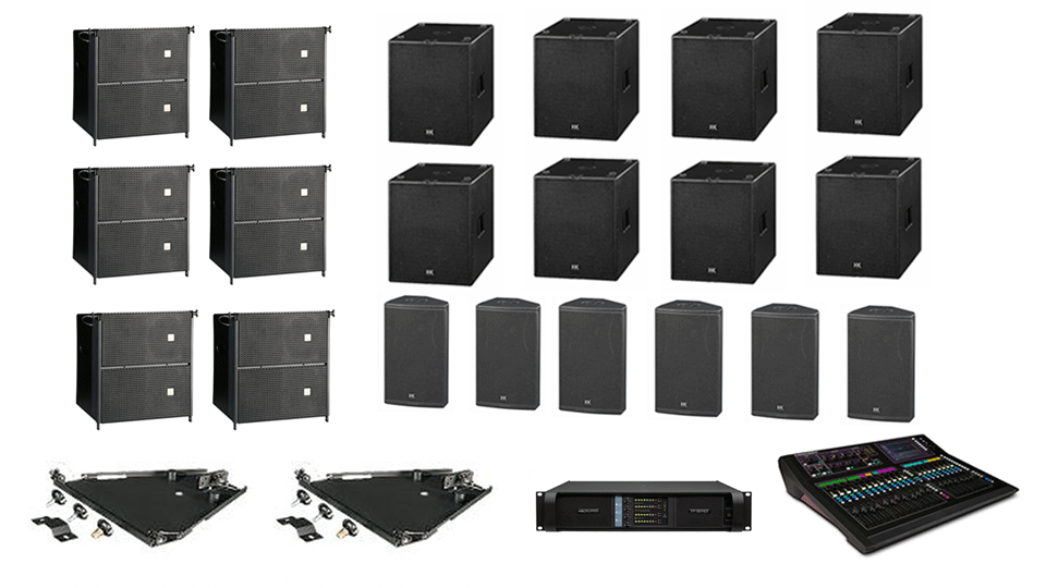 PA Hire Package 10, 6 HK Audio CTA208 Speakers, 8 HK Audio CT118 Sub's, 6 HK audio CT115 Monitors, 1 Allen and Heath GLD-80 Mixer, powered by Lab.Gruppen FP Series with microphones, DI Boxes and cabling included.